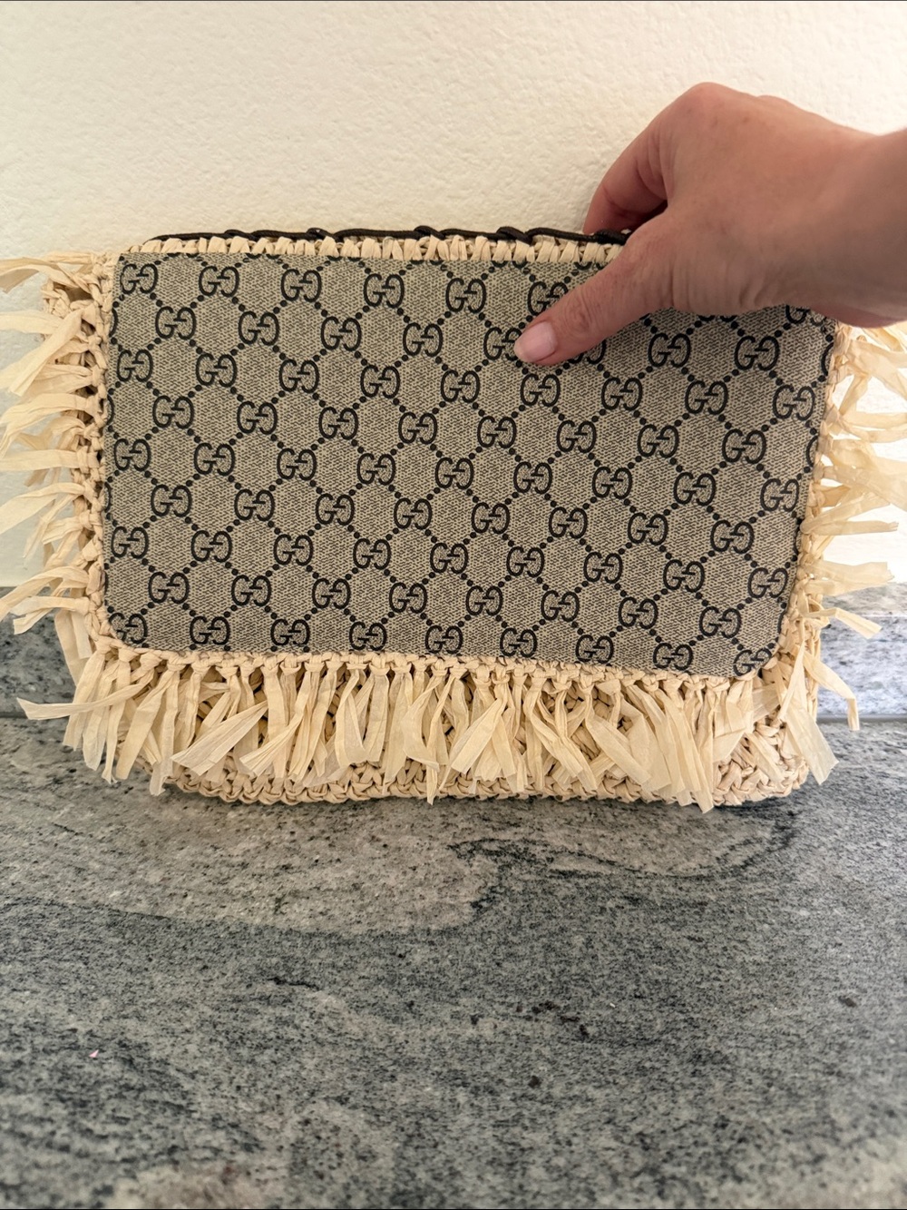 Woven Raffia Fringe Clutch in Natural Beige Gucci Print